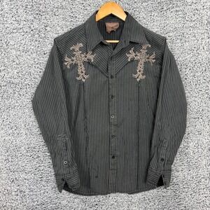 Roar Shirt Mens Medium Black Striped Embroidered Cross Western Michaelson M